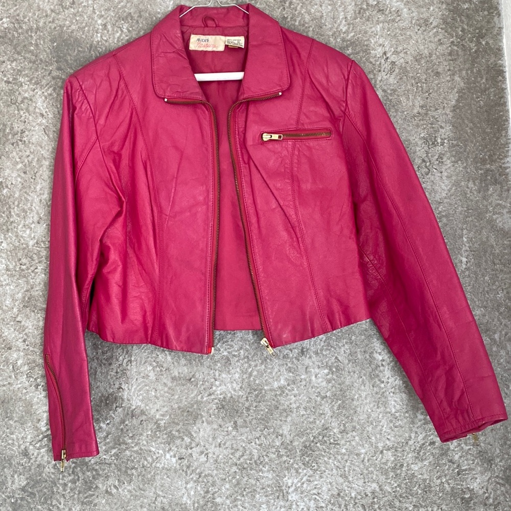 Vtg Avon Fashions 80s Pink Leather Cropped Zip Up Moto Jacket.